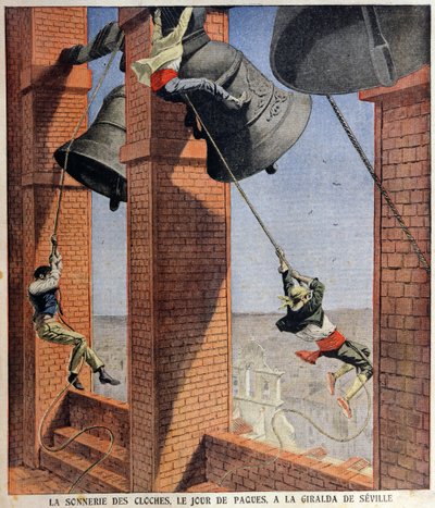Sino de Páscoa tocando na Giralda em Sevilha, ilustração de capa para Le Petit Journal, 19 de abril de 1908 de French School