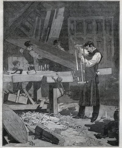 Ebenisterie: trabalhador ebenista que divide um conselho no estabelecido. Gravura de 1885 em "Les arts et metiers illustres" de Adolphe BITARD. de French School