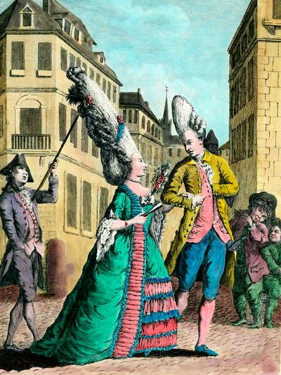 Penteados excêntricos no século XVIII: a mulher francesa na caminhada. A gravura do século XVIII. Colecção privada. de French School