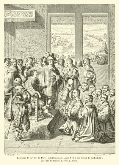 Echevins da cidade de Paris, elogiando Louis XIII em seu retorno de La Rochelle, gravando tempo; dapres A Bump de French School