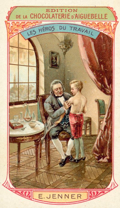 Edward Jenner, médico e cientista inglês que descobriu uma vacina contra a varíola (chromolitho) de French School