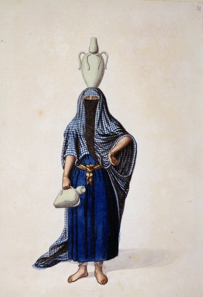 Mulher egípcia carregando um pote de água Ibrik, provavelmente por Cousinery, período Otomano, terceiro quartel do século XVIII (wc no papel) de French School