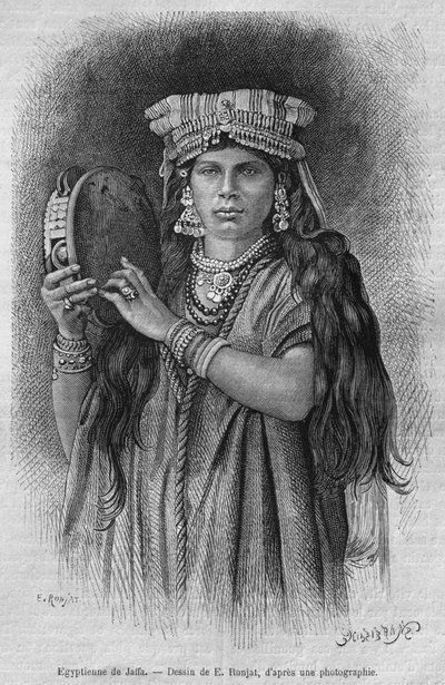 Mulheres egípcias de Jaffa, da Síria hoje. Viajar para a Fenícia, o Líbano e a Judéia. 1875-1880 de Louis Charles Emile Lortet, 1884 (gravura do bw) de French School