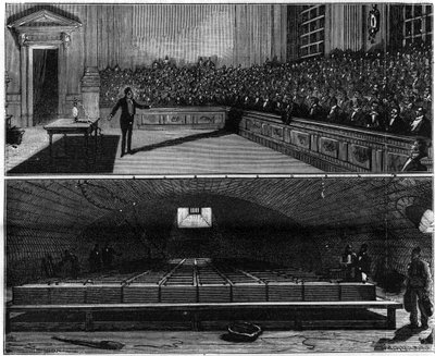 Experiência de luz elétrica realizada em 1813 por Humphry Davy (1778-1829), em seu curso de química no Royal Institution of London (Inglaterra). Gravura em "La Nature. Revue des sciences et de ses applications aux arts et à l