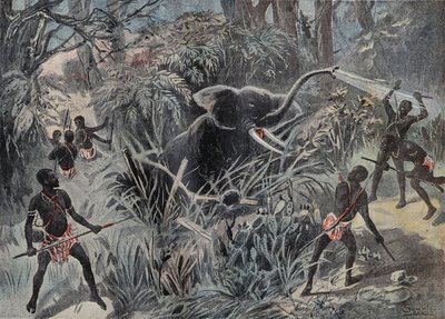 Caça ao elefante em África. O elefante cai num poço antes de acabar com as flechas. Gravação em "Le Pelerin" 22/01/1899. de French School
