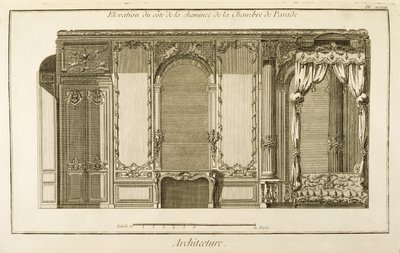 Elevação da seção de chaminés da Câmara Parade, no apartamento da Duquesa de Orleans no Palais Royal em Paris, da Diderots Encyclopaedia, pub. 1762 de French School