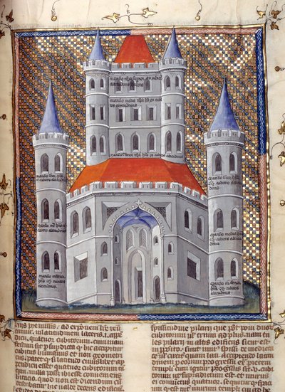 Elevação da fachada do Templo de Salomão em Jerusalém Miniatura extraída dos "Comentários da Bíblia" de Nicolau de Lyra (século XIII) Século XIV Cambrai, biblioteca municipal de French School