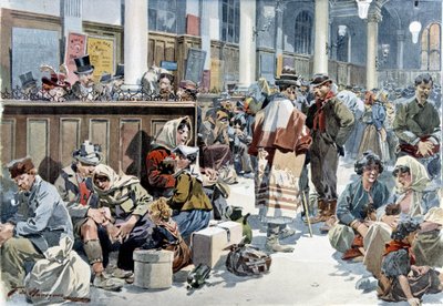 Emigrantes passando pela estação de trem St Lazare (Saint Lazare) em Paris, a caminho da América, no final do século XIX de French School