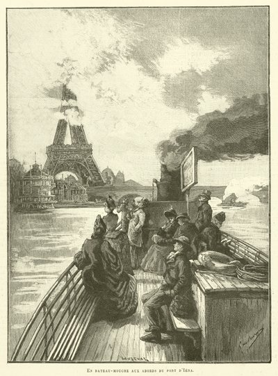 Por barco fluvial à volta da Ponte Iena (gravura) de French School