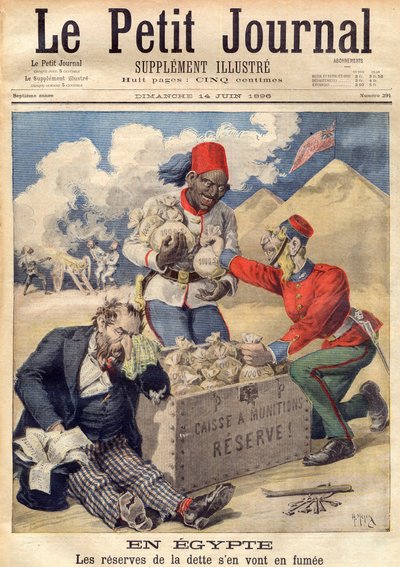 A Inglaterra a colocar a mão nas reservas da dívida egípcia para financiar uma operação militar em junho de 1896 - ilustração do "Le Petit Journal". de French School