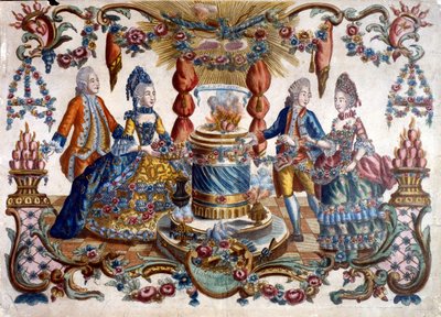 Gravura representando nobres franceses e uma mulher a passear num jardim. Século XVIII de French School