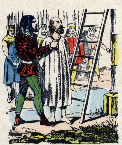 Enguerrand de Marigny (1260-1315) condenado por uma comissão reunida em Vincennes, foi enforcado no gibet Montfaucon que tinha erigido - Quando Philippe IV morre o seu ministro impopular, Enguerrand de Marigny, é acusado (injustamente) de vários crimes, in de French School