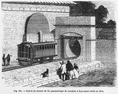 Entrada da ferrovia pneumática de Londres a Sydenham, estabelecida em 1865 - em "The Wonders of Science", de L. Figuier. ¿ de French School