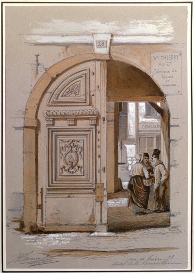 Entrada para o Hotel da Marquesa de Brinvilliers, 28 rue de Bievre, Paris (giz e guache sobre papel) de French School