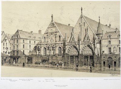 Entrada do Hotel-Dieu (Hotel Dieu), rue du Marche Palu, em 1590 - em "Paris a travers les ages", finais do século XIX de French School