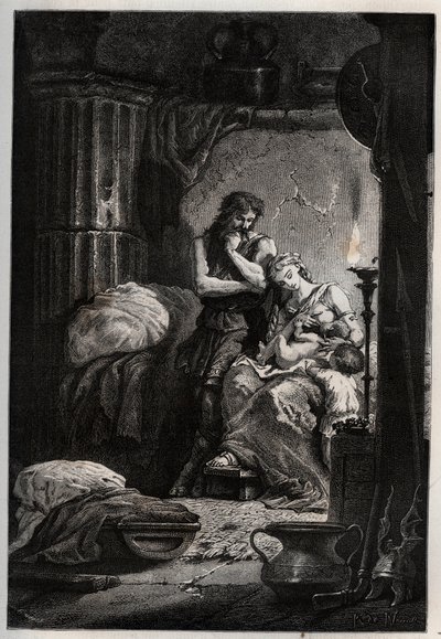 Eponine e seu marido Julius Sabinus (falecido em 78 d.C.) vivendo clandestinamente em uma caverna para escapar do imperador Vespasiano (9-79) - Sabinus e sua esposa Eponine, escondidos em uma caverna - gravura de "L