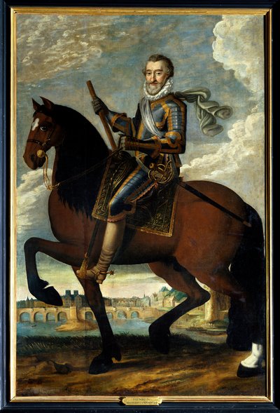 Retrato equestre de Henrique IV (1553-1610) rei da França em frente à Pont Neuf em Paris. Pintura anónima do século XVII. Óleo sobre tela. Menção obrigatória: Sully sur Loire, Chateau de Sully de French School