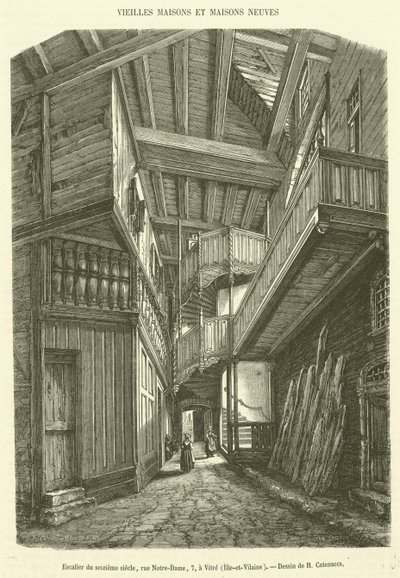 Escadaria do século XVI, rue Notre-Dame, 7, em Vitre, Ille-et-Vilaine (gravura) de French School
