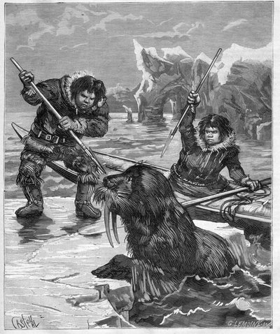 Esquimós - morsa de pesca - Esquimós - pesca da morsa em 1888 - - Gravura no "Journal des Voyages" 1888 de French School