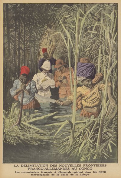 Estabelecimento da fronteira entre os territórios francês e alemão no Congo (cor litho) de French School