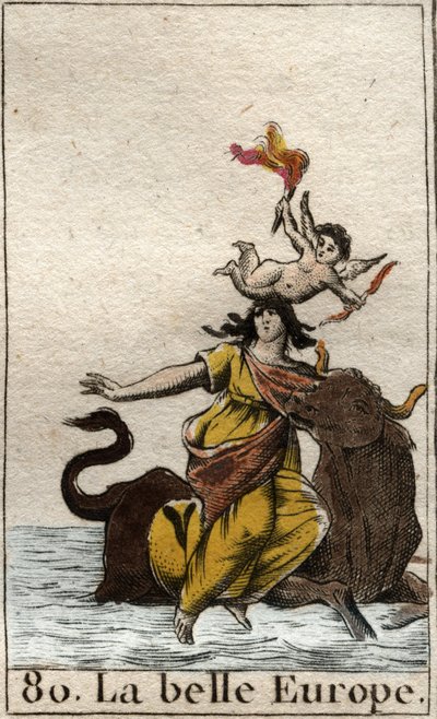 Europa raptada por Zeus na forma de um touro da "Mythologie de la jeunesse" de Pierre Blanchard 1803. de French School