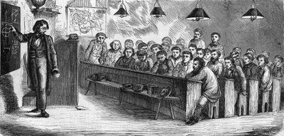 Aula nocturna numa escola pública para adultos em Paris, em 1858. de French School