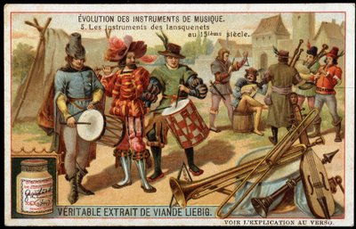 Evolução dos instrumentos musicais: Os instrumentos dos lansquenets no século XV. Tambor militar, flauta, triângulo, trompete, uma espécie de gaita de foles e outros instrumentos de corda. Cromolitografia de Liebig de finais do século XIX. de French School