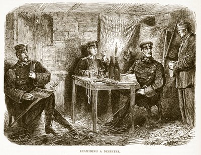 Examinando um desertor, ilustração de Cassells História da guerra entre a França e a Alemanha, 1870-1871 de French School