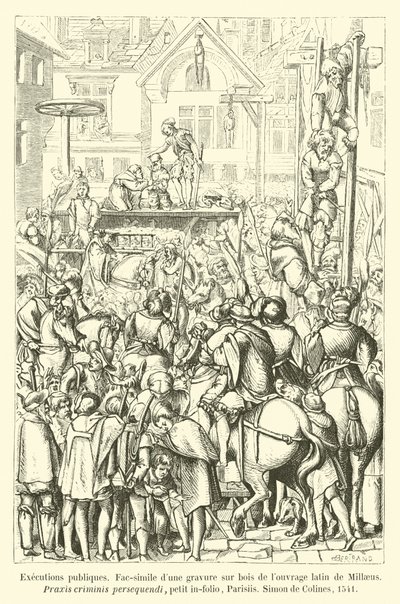 Execuções públicas, fac-símile duna gravura sur bois de louvrage latina de Millaeus, Praxis criminis persequendi, Parisiis, Simon de Colines, 1541 de French School