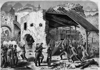 Expedição do México (1861-1867) - cerco de Puebla - 1863 : ataque de uma moldura (um bloco de casas) pelo exército francês. Uma vez dentro da cidade, os soldados franceses tiveram de lutar quarto a quarto. Gravação em "Le Monde I de French School