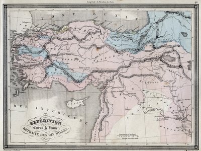 Expedição de Ciro Jovem (século V a.C.) e retirada das dez milhas - Placa extraída do "Atlas Universal da geografia antiga e moderna para escolas residenciais" por Vuillemin - ca. 1845 de French School