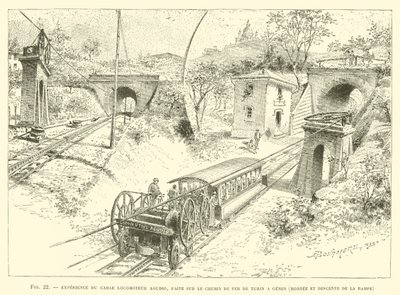 Experiência da Locomotiva Agudio Cabo, feita na Ferrovia de Turim a Génova, subida e descida da rampa (gravura) de French School