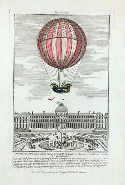 Experiência do globo aerostático da MM. Charles e Robert no Jardin des Thuileries em 1 de dezembro de 1783, pub. 1783 (gravura colorida à mão) de French School