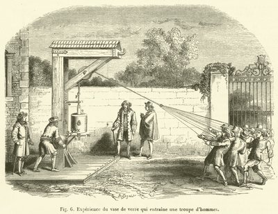 Experiência do vaso de vidro que conduz uma tropa de homens (gravura) de French School