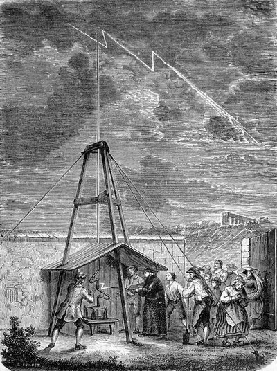 Experiência feita em 10 de Maio de 1752, por Thomas Francois (Thomas-Francois) Dalibard (1703-1779) a Marly, primeira demonstração da presença de electricite em nuvens tempestuosas - gravura de French School