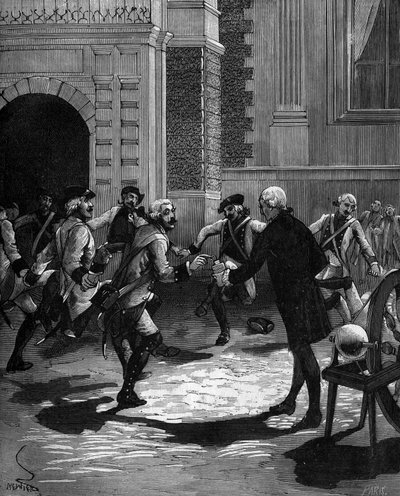 Experiência da garrafa de Leiden por Abbe Jean Antoine Nollet (Jean-Antoine) (1700-1770), físico francês em Versalhes, onde 180 guardas foram atingidos ao mesmo tempo.1746 de French School