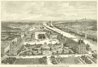 Exposição de 1889, Aspecto do Lugar do Carrossel com o Jardim Projetado no Local das Tuilerias (gravura) de French School