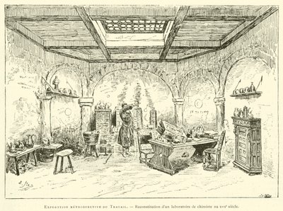 Exposição retrospectiva da Obra, reconstrução de um laboratório de química no século XVII (gravura) de French School