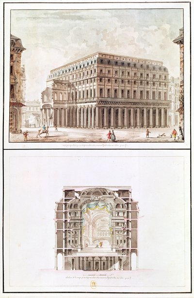 Exterior e secção transversal do interior do Theatre des Varietes, 6 rue de Richelieu de French School