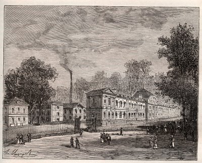 Vista exterior da Fábrica de Porcelana Imperiale de Sevres, construída no parque de Saint Cloud seguindo os planos do arquitecto Laudin - gravura em "France illustree: geography, history, statistical administration" de V.-A. Malt-Brown. 1884 de French School