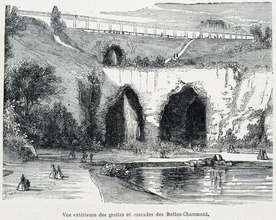 Vista exterior das cachoeiras e grutas do Buttes Chaumont, gravura do século XIX de French School