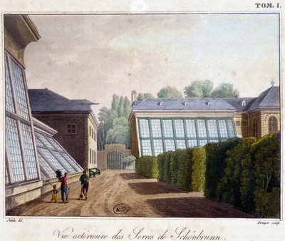 Vista exterior das estufas de Schnbrunn - em "Picturesque Journey in Austria" pelo Conde Alexandre de Laborde, Paris, Didot l