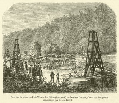 Extracção de petróleo, poços Woodford e Philipp, Pennsylvania (gravura) de French School