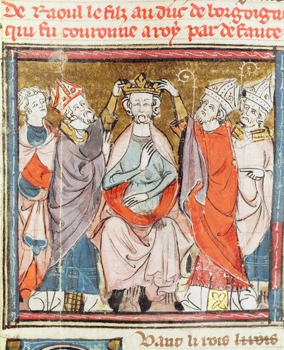 F.188r Raoul, filho do duque de Borgonha, é coroado rei da França, das Grandes Chroniques de France, 1375-79 de French School