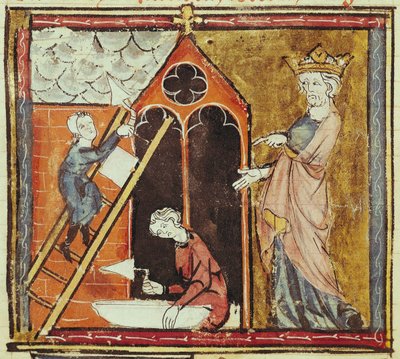 F.235v Rei Luís VI (1080-1137) Assistindo a construção de uma igreja, das Grandes Chroniques de France 1375-79 de French School