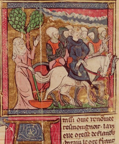 F.288r Fernando de Portugal (1186-1233) Conde de Flandres tomado como prisioneiro de Paris depois da Batalha de Bouvines, 27 de julho de 1214, Grandes Chroniques de France, 1375-79 de French School