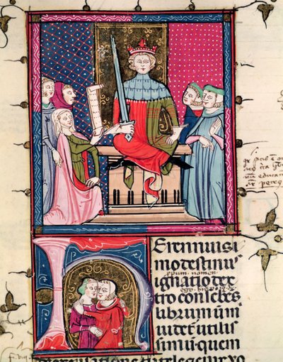 F.39r Lei Conjugal, uma esposa adúltera que aparece no tribunal, de Justiniani em Fortiatum de French School