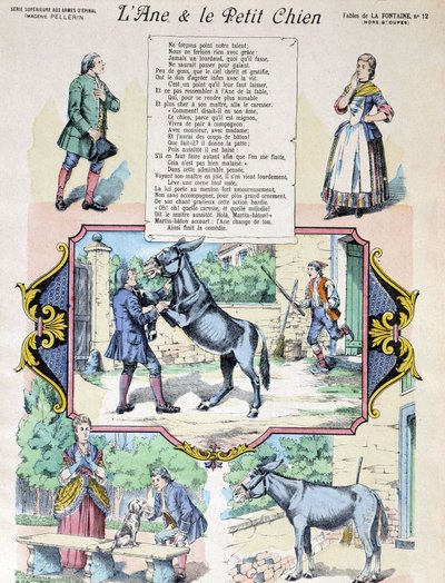 Fábula de La Fontaine "O burro e o cãozinho". Imagem de Epinal-Pellerin de French School