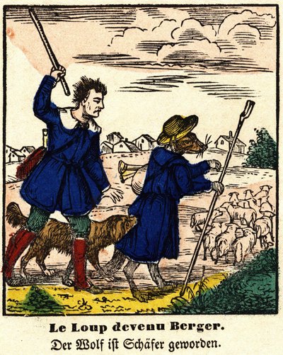 Fábulas de La Fontaine: o lobo tornou-se pastor. Imagem de Epinal, primeira metade do século XIX. de French School
