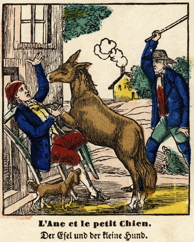 Fábulas de La Fontaine: o burro e o cãozinho. Imagem de Epinal, primeira metade do século XIX de French School